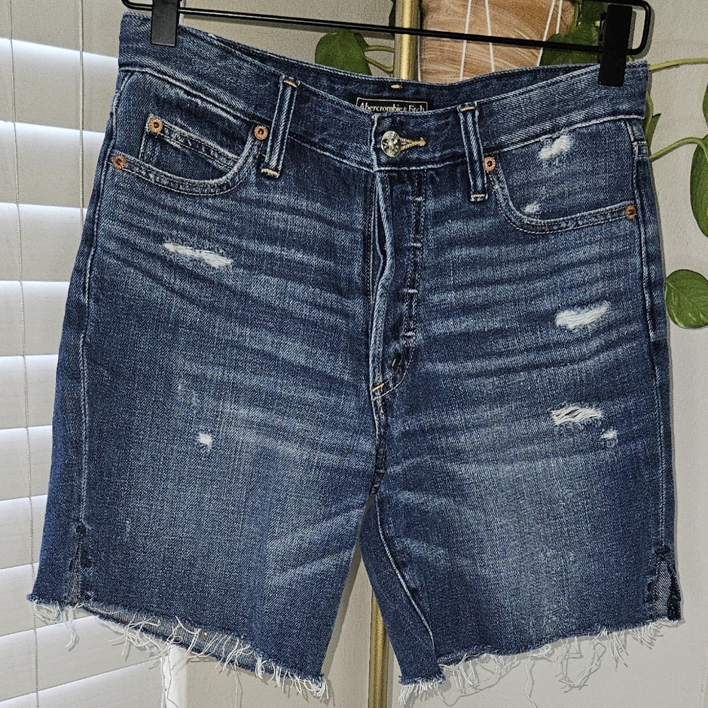 Abercrombie & Fitch Distressed Raw Hem Denim Shorts - Dark Wash Button Fly